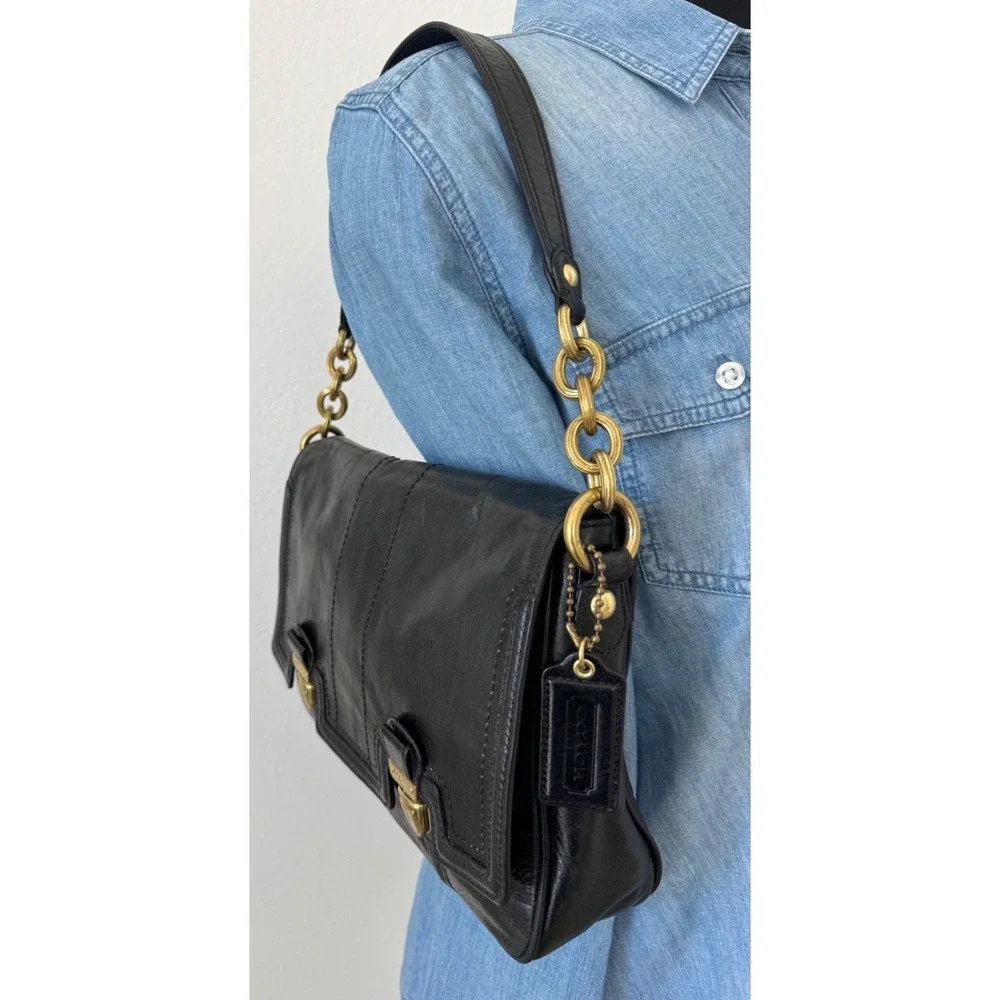 Coach Poppy Pushlock Flap Shoulder Leather Purse Handbag Black‎ Brass 17925
